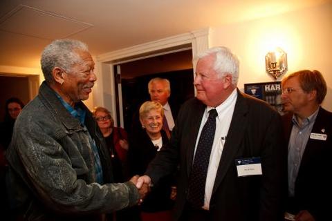 Morgan Freeman speaks to guests at Chubb Fellowship reception