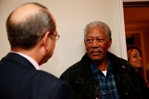 Morgan Freeman speaks to a guest at Chubb Fellowship reception