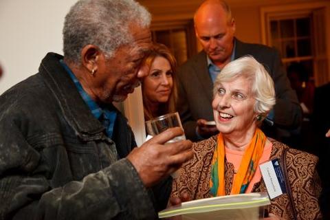 Morgan Freeman speaks to a guest at Chubb Fellowship reception