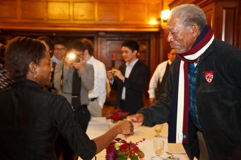 Morgan Freeman speaks to guests at Chubb Fellowship student dinner
