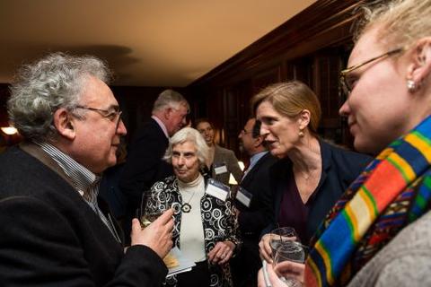 Samantha Power speaks with guests at Chubb Fellowship reception