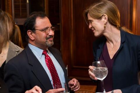 Samantha Power speaks with a guest at Chubb Fellowship reception