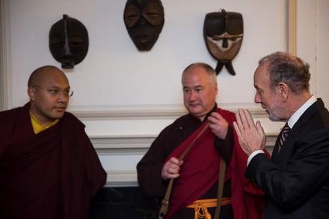 Ogyen Trinley Dorje speaks with guests at Chubb Fellowship reception