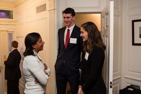 Susan Rice speaks with guests at the Chubb Fellowship reception