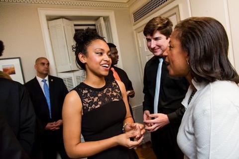 Susan Rice speaks with guests at the Chubb Fellowship reception