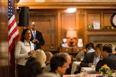 Susan Rice addresses students at the Chubb Fellowship dinner in TD Dining Hall