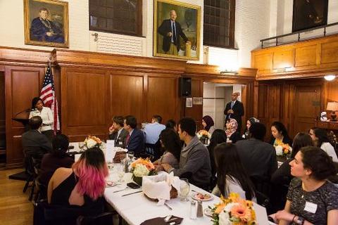 Susan Rice addresses students at the Chubb Fellowship dinner in TD Dining Hall
