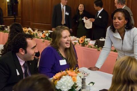 Susan Rice speaks with guests at Chubb Fellowship dinner