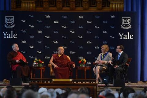 Ogyen Trinley Dorjeat Woolsey Hall with two Yale faculty members, Mary Evelyn Tucker and Andrew Quintman.