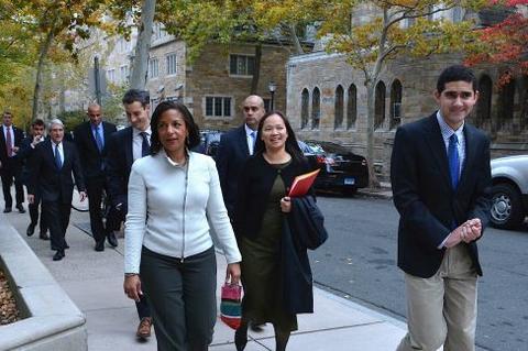 Mary Lui, Head of TD College, escorts Susan Rice to Chubb Fellowship lecture at Yale Law School 